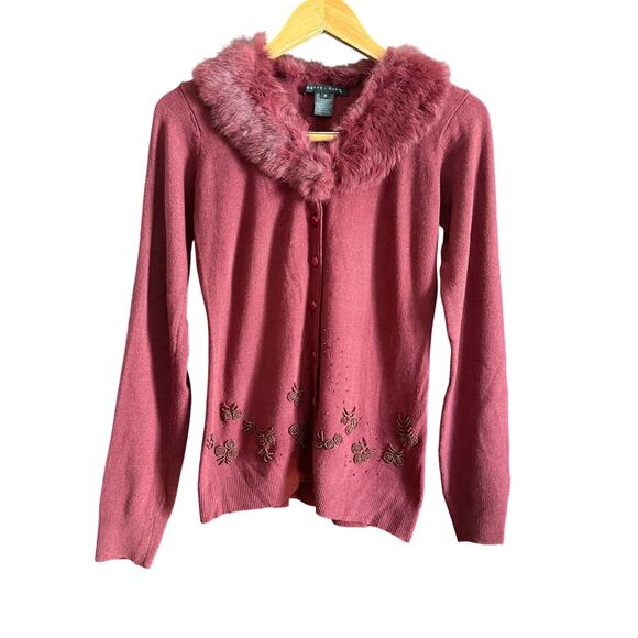 BETTE SUNG | Burgundy Wool Blend Real Fur Collar Beaded Cardigan sweater | Small - Picture 1 of 5
